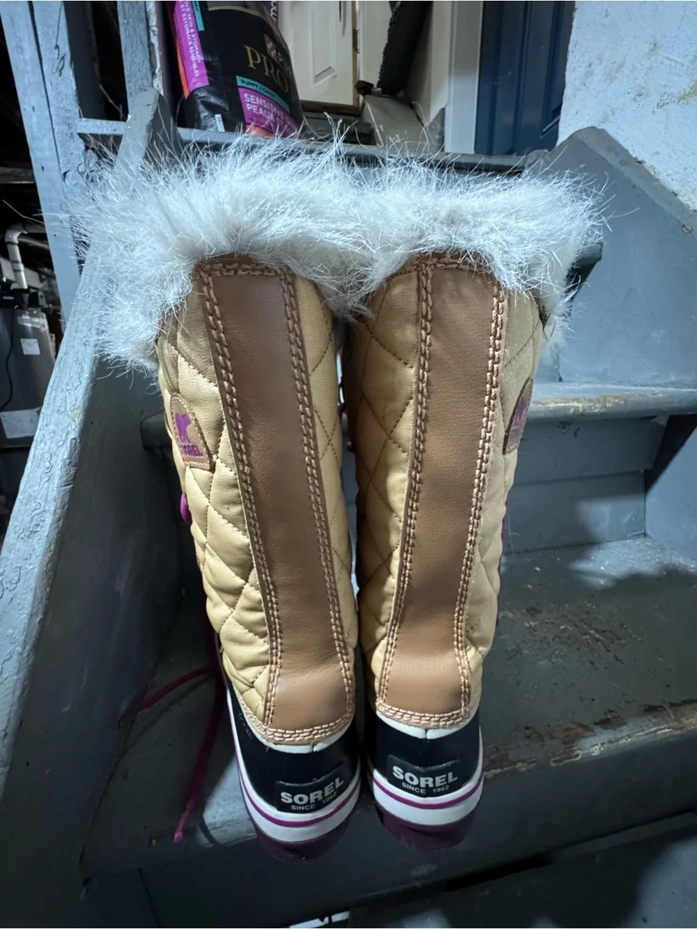 Sorel Kids Tan Quilted Winter Boots with Purple Accents - Picture 3 of 4